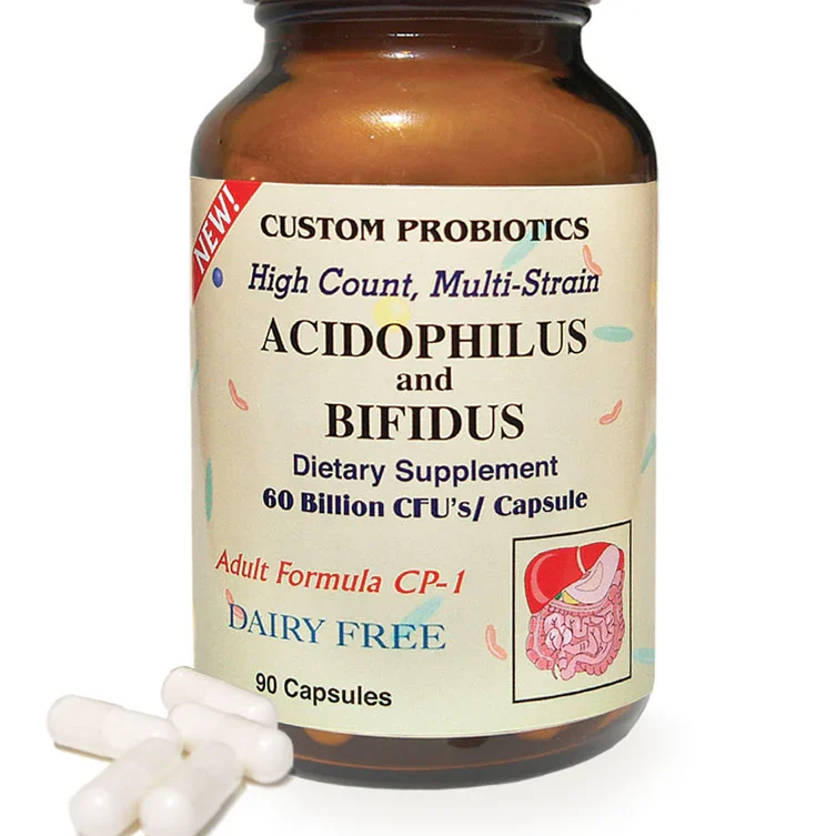 A bottle of probiotics with the label custom probiotic