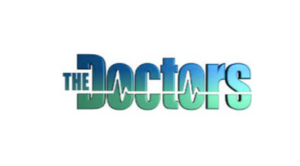 Logo for The Doctors TV show, with a facial heartbeat line through Doctors in blue-green gradient text.