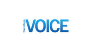 Blue text logo reads the village VOICE, with Face of Jules style, on white; 'the village' is vertical left of VOICE.