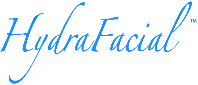 The word HydraFacial written in a blue, elegant cursive font on a transparent background.