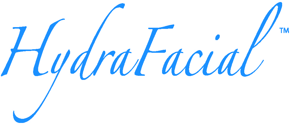 The word HydraFacial written in a blue, elegant cursive font on a transparent background.