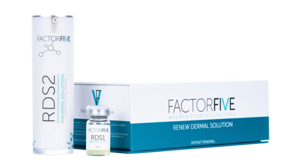 Three FACTORFIVE skincare products: a tall bottle, a small vial, and a rectangular box with blue and white labels.