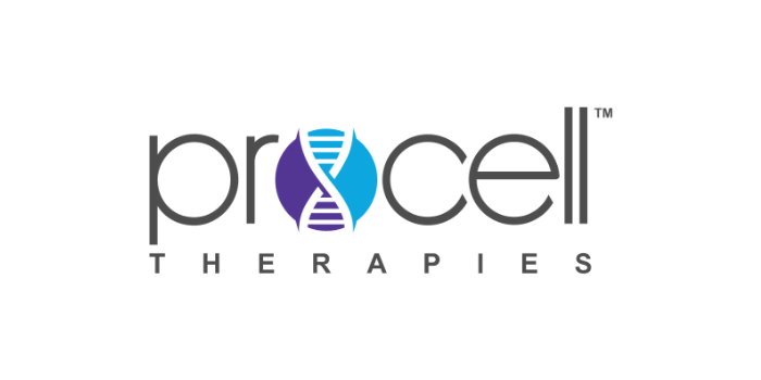 Procell Therapies logo with a DNA double helix graphic forming the o in procell.