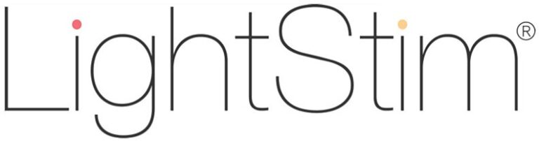 LightStim logo with a small red dot over the i and an orange dot over the m.