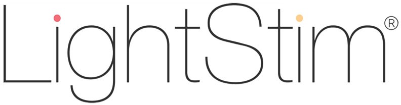 LightStim logo with a small red dot over the i and an orange dot over the m.