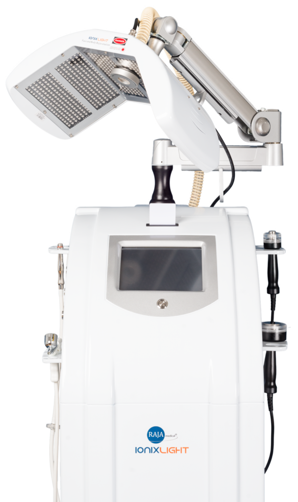 A white medical aesthetic device with a touchscreen and adjustable LED light panel labeled IONIX LIGHT.