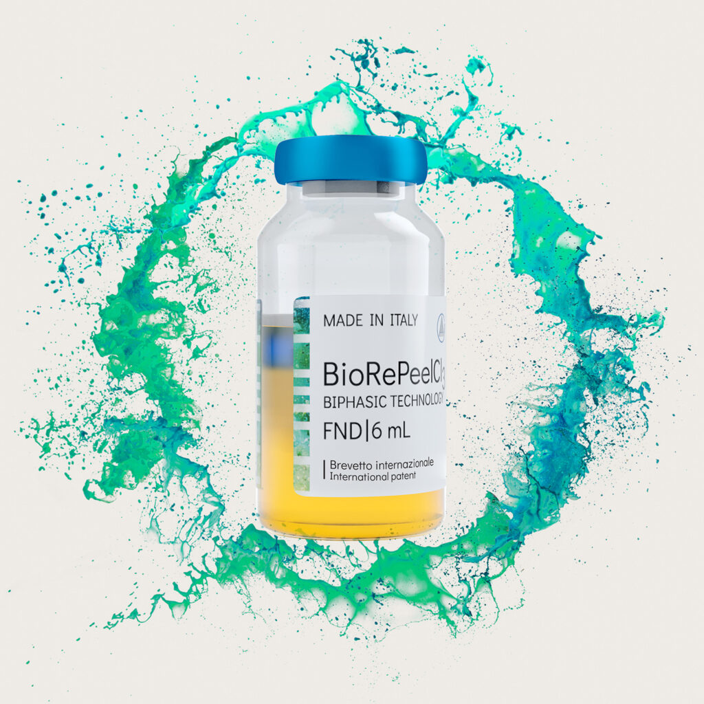 A vial of BioRePeelCl3 with a blue cap, yellow liquid, and teal paint splash background.